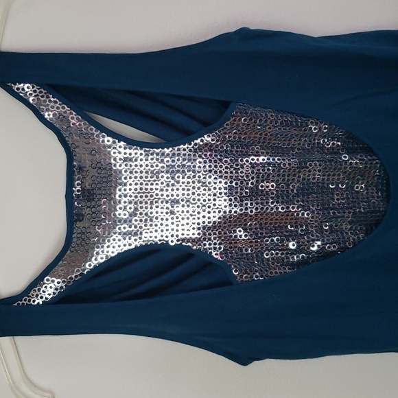 Express teal sequin back cowl neck tank top, sparkle glitzy tank top, Size small - Picture 8 of 8